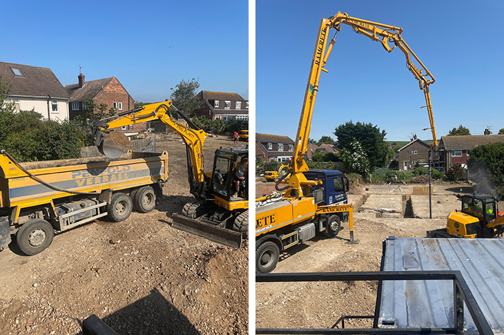 July 2023 - Wilmot Road, Shoreham-by-Sea - loading a lorry, and pouring concrete foundations