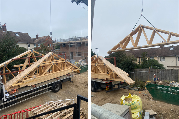 October 2023 - Wilmot Road, Shoreham-by-Sea - roof trusses being delivered to site and lifted into place (1)