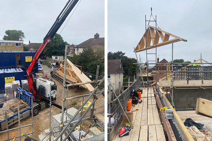 October 2023 - Wilmot Road, Shoreham-by-Sea - roof trusses being delivered to site and lifted into place (2)