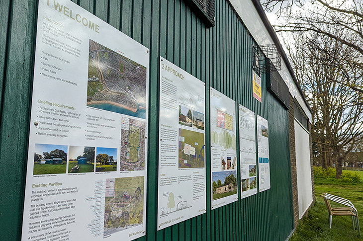 Buckingham Park pavilion - public consultation boards - May 2024