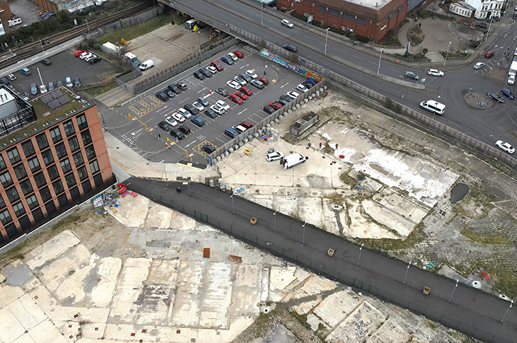 The Teville Gate site - aerial photo showing the new pathway across the site, new fencing and series of larger planters