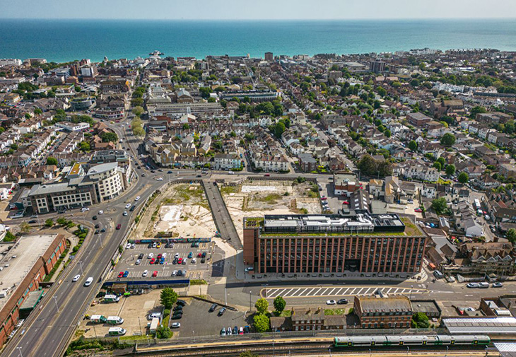 The Teville Gate site - aerial photo looking south towards the sea (image credit Homes England)