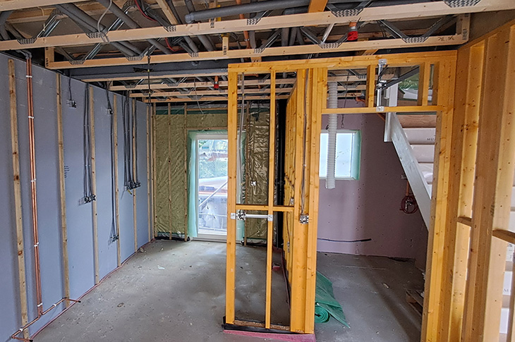 Aug 2024 - South Street, Lancing - inside, internal partition wall frames in place and services being installed (2)