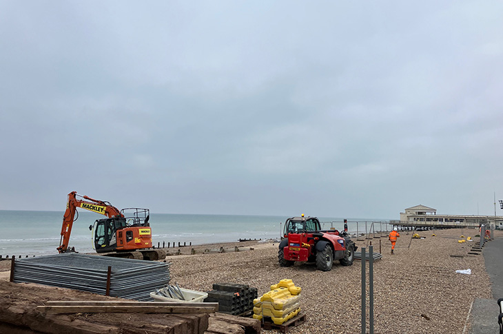 Worthing Pier - compound being assembled west of the pier (08-11-2024)