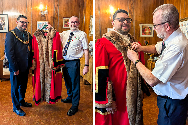 PR24-078 - The Mayor of Worthing, Cllr Ibsha Choudhury, receiving the new mayoral robe from Lionel Harman