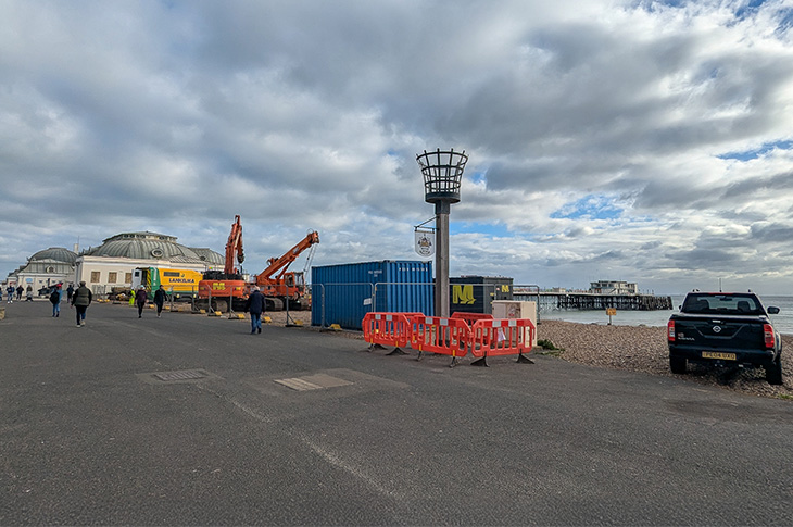 Worthing Pier - equipment and materials in the compound west of the pier (12-11-2024)