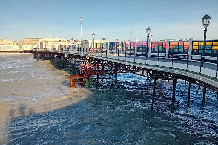 Worthing Pier - the piers, trusses, scaffolding and temporary working platform on the pier (29-11-2024)