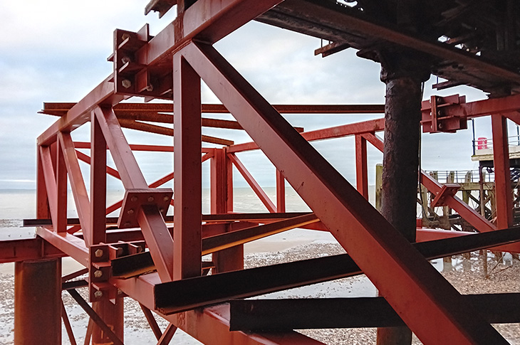 Worthing Pier - underside view of the steel frame supporting the pier